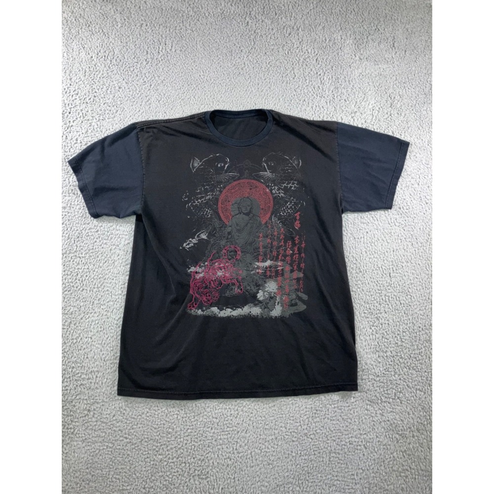 Vintage‎ Y2K T Shirt Men Large Graphic Koi Bhudda Short Sleeve Retro